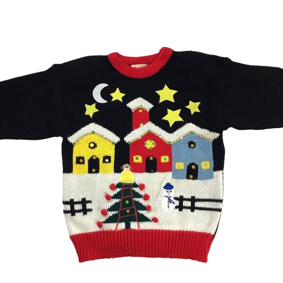Vintage Ugly Christmas Sweater Womens L Large Black Red Knit Village Adell Barre - Picture 4 of 16
